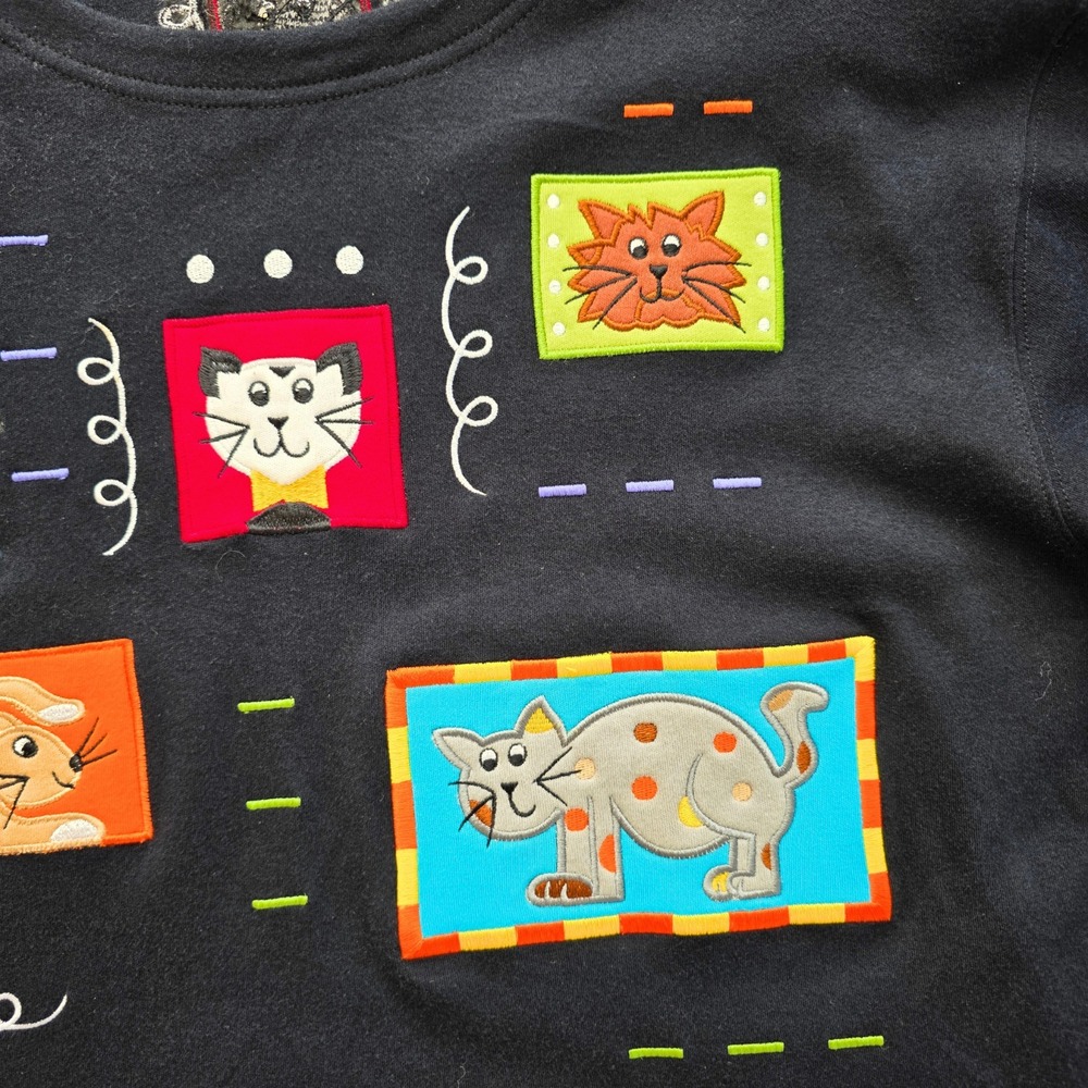 Vintage Wearable Art Cat Shirt Size L Embroidered 90s Mom Colorful Cottagecore - Picture 8 of 14